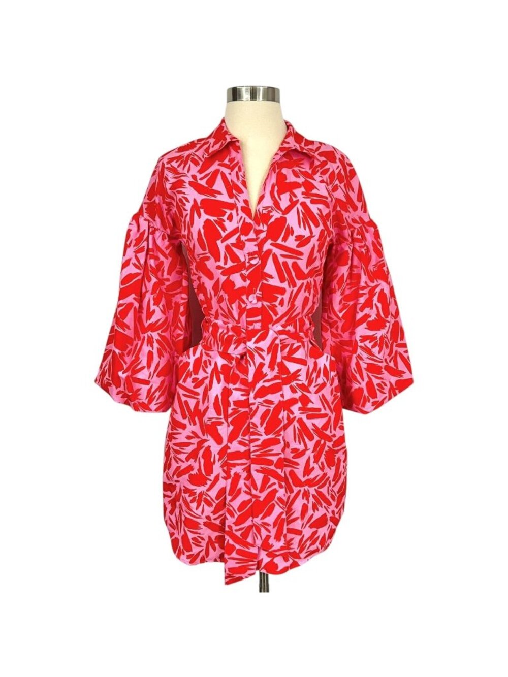 Veronica Beard Samy Shirt Dress Womens 00 Pink Abstract Belted 3/4 Sleeve Mini - Picture 1 of 13